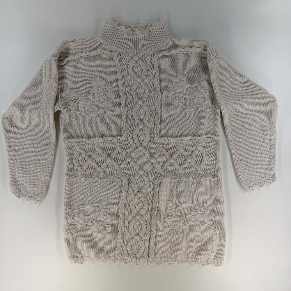 0803 Small Sarah Morgan Vintage Cream Mock Neck Floral Knit Sweater